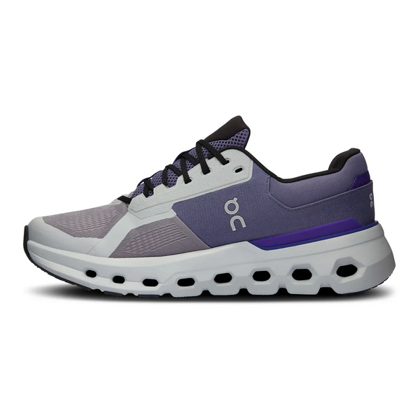 The medial side of a men's Cloudrunner 2 with a grey and indigo upper color combo.