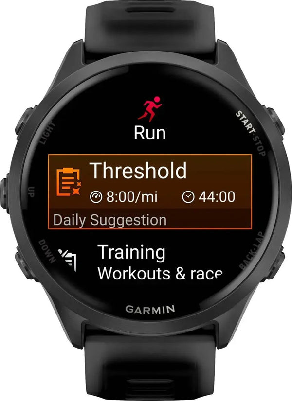 Garmin smartwatch displaying a running app with threshold training settings on a white background
