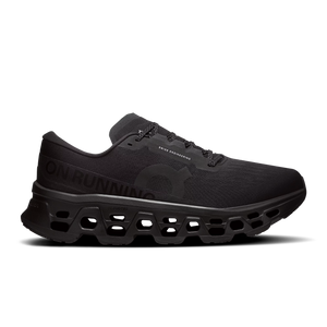 Black running shoe with 'On Running' branding on a white background
