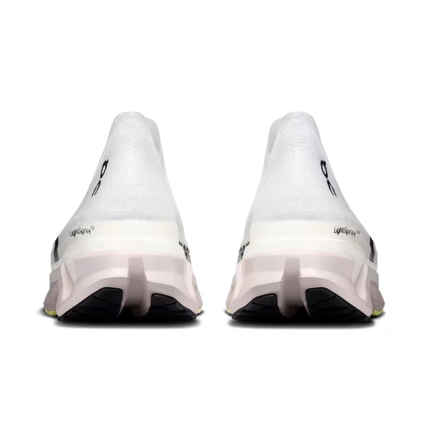A pair of white running shoes shown from the rear, featuring a white knit upper, a thick white and pale pink midsole, and a black outsole.