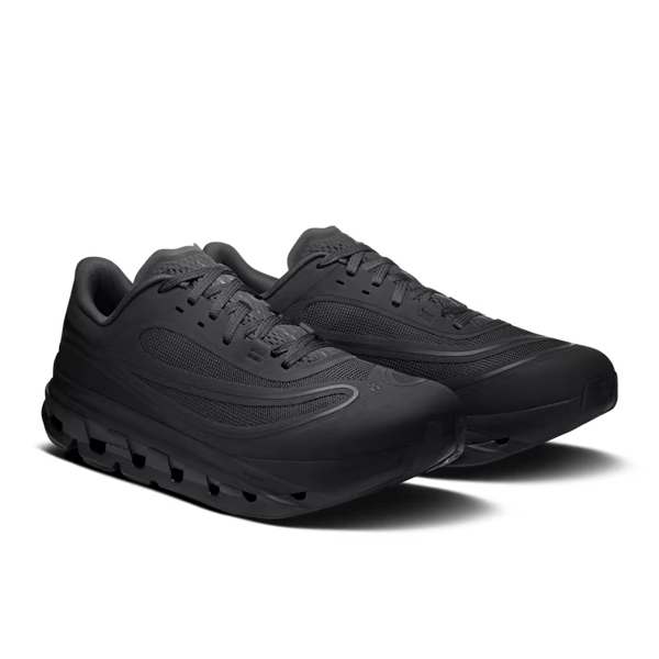 Black running shoes on a white background