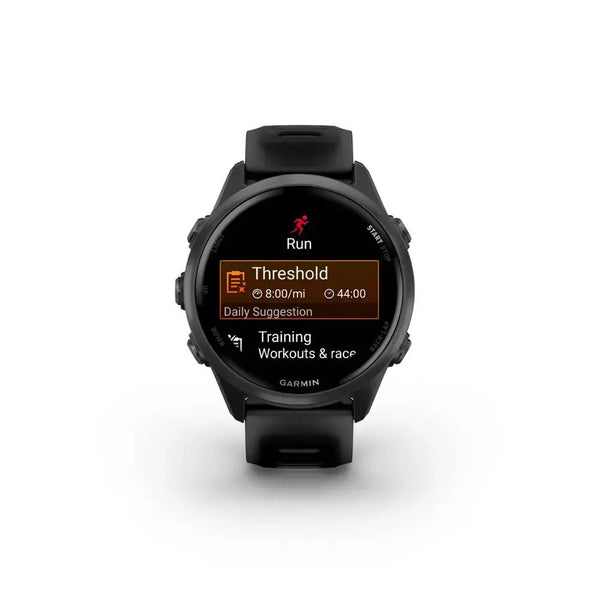 Garmin smartwatch displaying a running app on a white background