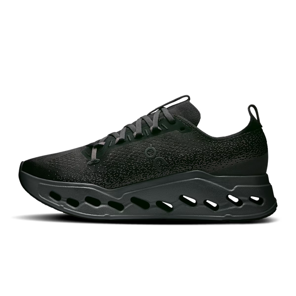 Black athletic shoe with a textured design on a white background