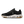 Black running shoe with white sole on a white background