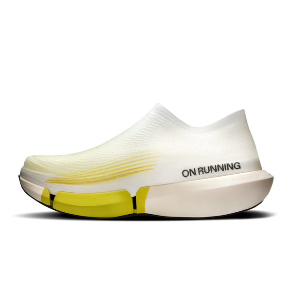 A single running shoe shown in side profile on a clean white background. The shoe has a white knit upper with subtle yellow accents, a thick white midsole, and a bright yellow heel section.