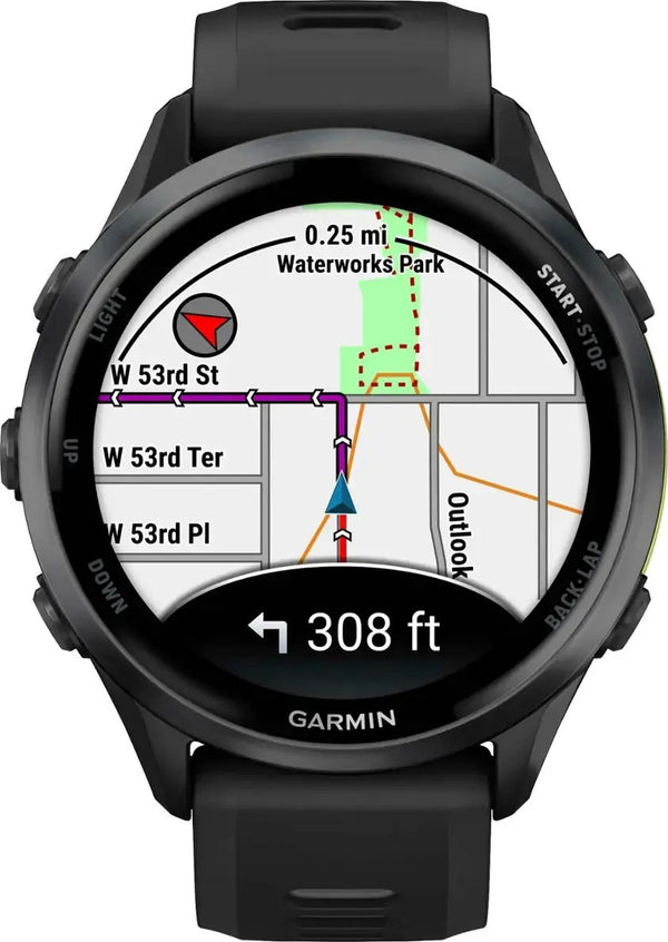 Garmin smartwatch displaying a map with navigation information on a white background