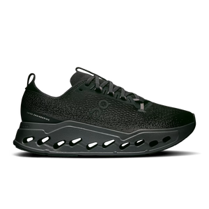 Black athletic shoe with a textured design on a white background