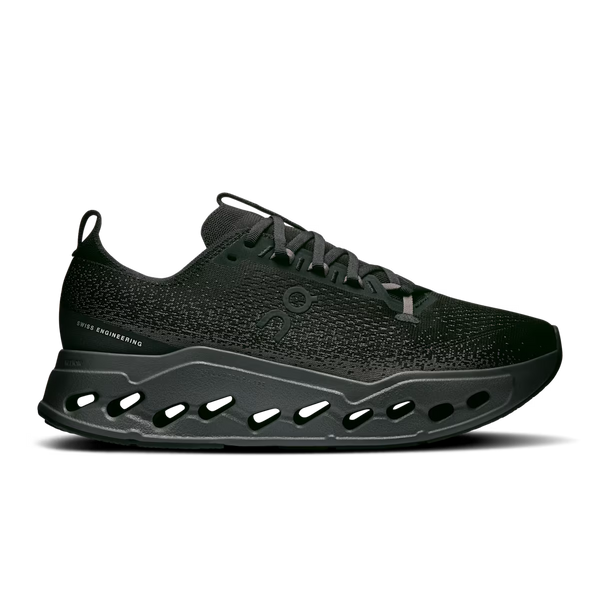 Black athletic shoe with a textured design on a white background