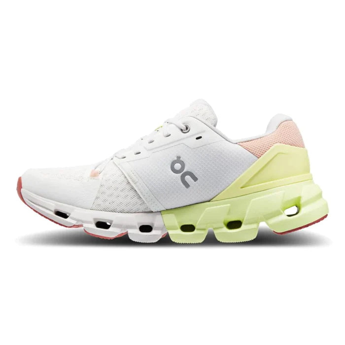 Medial view of the Women's ON Cloudflyer 4 in the color White/Hay