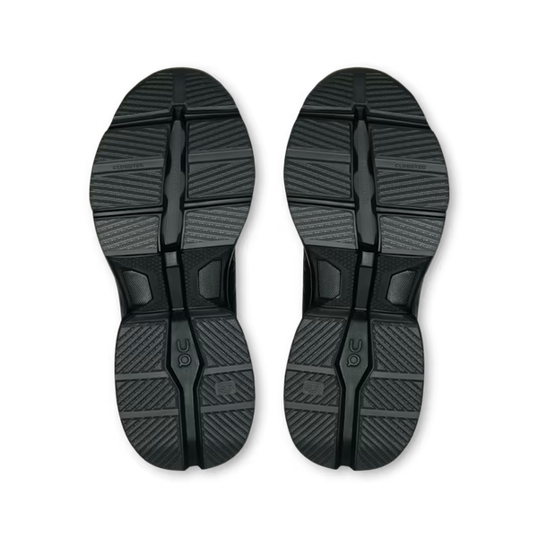 A pair of black athletic shoe soles shown from a top-down view on a white background.