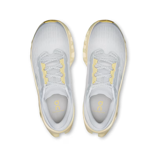 A pair of On Running sneakers shown from a top-down view, featuring a white mesh upper, white laces, and light yellow accents on the midfoot and inner sole.