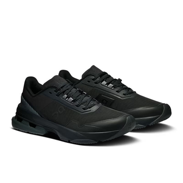 A pair of black athletic gym shoes with tonal detailing, shown from a three-quarters angle on a clean white background.
