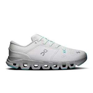 A white On running shoe with light blue accents on the laces, logo, and outsole, shown from a side profile on a white background.