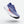 Blue running shoe with white sole on a light gray background