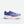 Blue running shoe with white sole on a light gray background