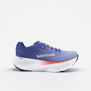Blue running shoe with white sole on a light gray background