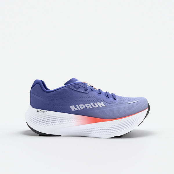 Blue running shoe with white sole on a light gray background