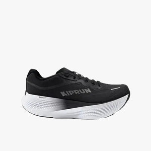 Black running shoe with white sole on a light gray background
