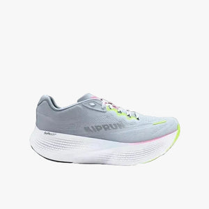 Gray running shoe with neon accents on a light gray background