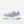 Gray running shoe with a white sole on a light gray background