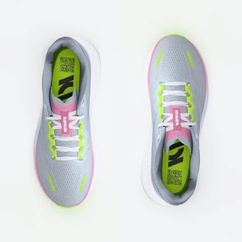 Gray running shoes with pink and green accents on a white background