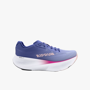 Purple running shoe with white sole on a white background