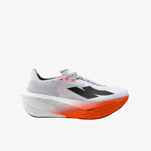 White running shoe with orange sole on a white background