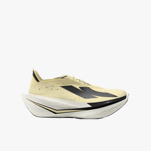 Yellow running shoe with black logo on a white background