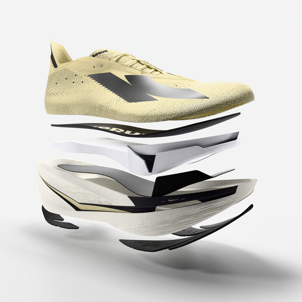 Yellow running shoe layers with a black logo on a white background