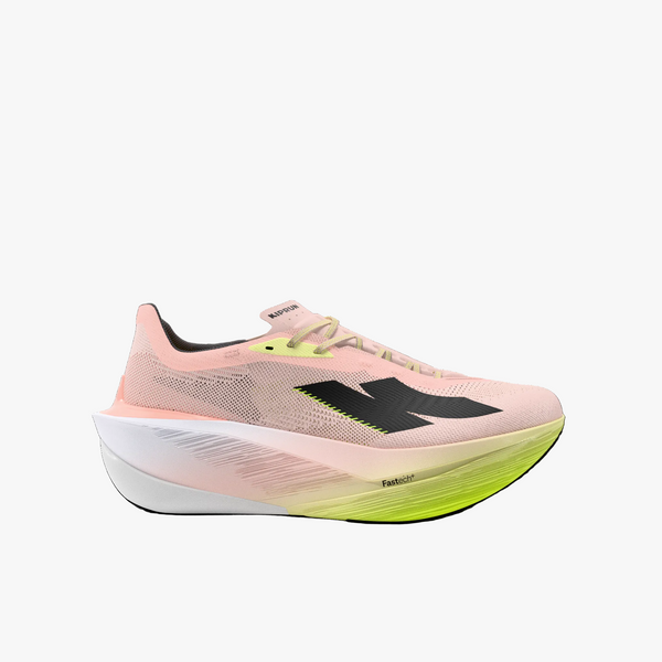 Pink and green running shoe with a black logo on a white background
