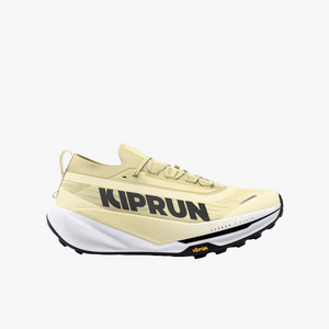 Yellow trail running shoe with 'KIPRUN' branding on a white background