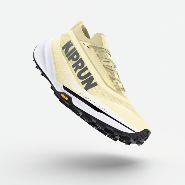Yellow trail running shoe with 'KIPRUN' branding on a white background