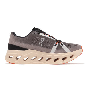 Gray and beige running shoe with 'On' branding on a white background.