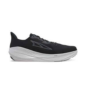 Black running shoe with white sole on a white background