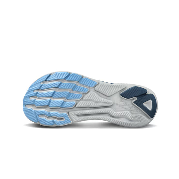 Close-up of a running shoe sole with blue and gray design on a white background