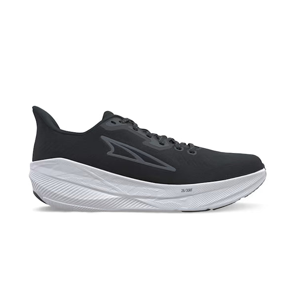 Women's Altra black running shoe with white sole on a white background.