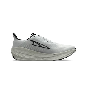 White running shoe with black accents on a white background