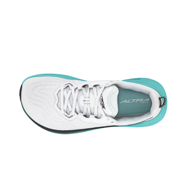 White running shoe with teal accents on a white background
