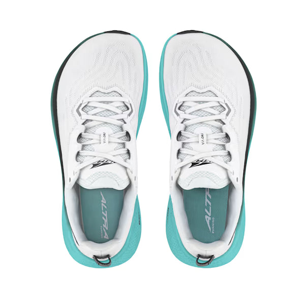 White and turquoise running shoes with 'Altra' branding on a white background
