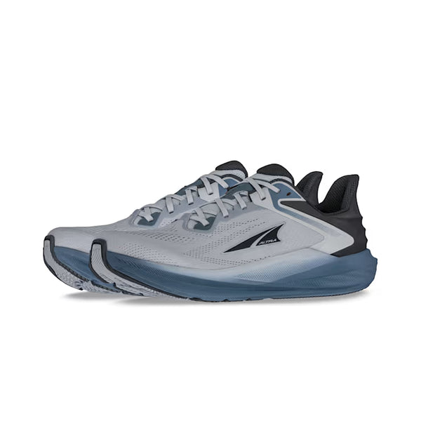 Gray and blue running shoe on a white background