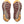 Close-up of a pair of brown and yellow running shoes with tread pattern on a white background