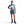 Woman wearing a teal long-sleeve top and shorts with a white sports bra on a white background