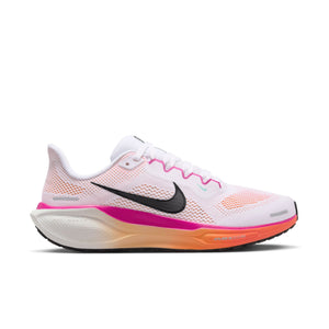 Pink and orange running shoe with Nike logo on a white background