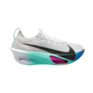 White Nike running shoes with colorful soles and a big Swoosh on a white background.