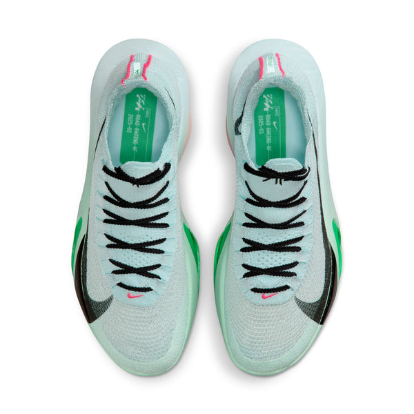 A top down look of the light blue Nike running shoes with black laces on a white background.
