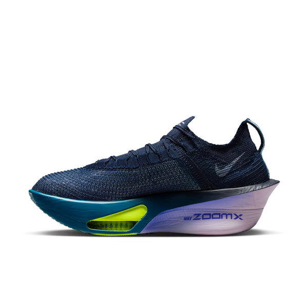 The medial side of a Nike navy running shoe with 'ZoomX' technology on a white background.