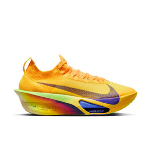 Brightly colored running shoe with a prominent brand logo on a white background.