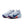 Pair of white running shoes with blue and red accents on a white background.