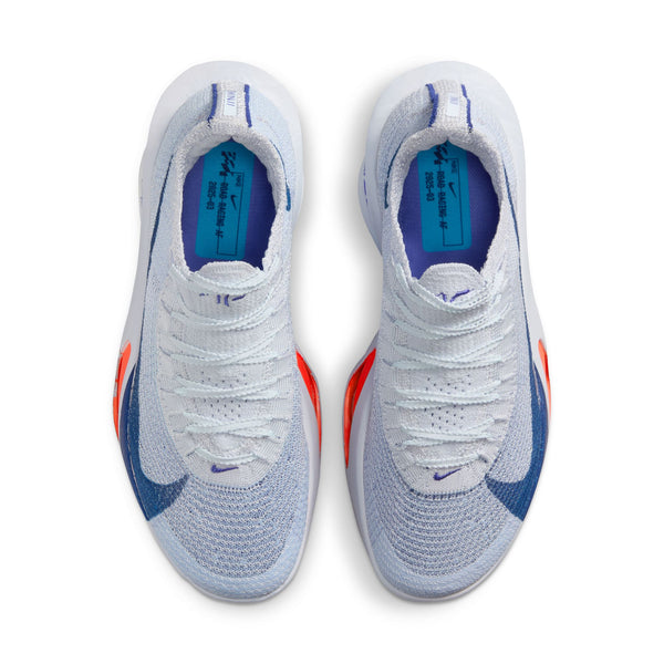 A pair of Nike Alphafly running shoes in a light blue color with white laces.