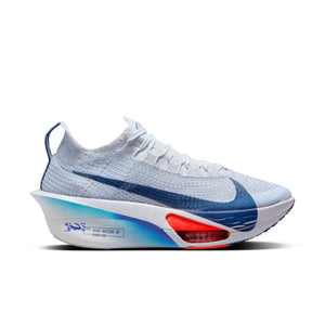 White running shoe with blue and red accents on a white background.
